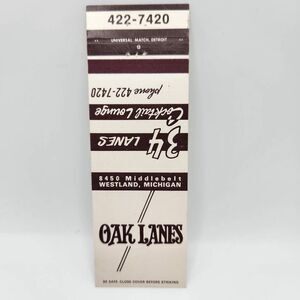 Vintage Matchbook Oak Lanes 8450 Middlebelt Westland Michigan